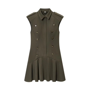 Dark green military style sleeveless dress with double-breasted buttons and ruffled hem