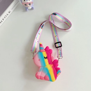 Close-up of rainbow unicorn silicone crossbody bag with adjustable printed strap for kids