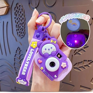 Purple camera keychain with projector function showing 8 different slide patterns