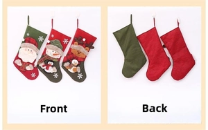 Front and back detail of Christmas stockings featuring Santa, snowman, and reindeer designs