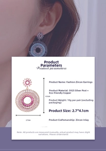Detail of S925 silver needle hoop earrings with gradient pink and purple zircon stones