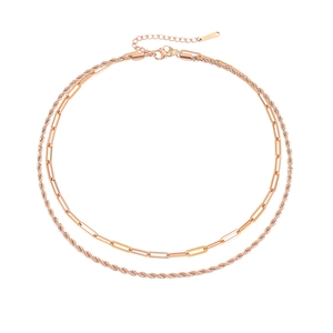 Bohemian rose gold double layered necklace featuring twist and paperclip link chains