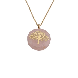 Pink quartz crystal tree of life pendant necklace with gold chain for women