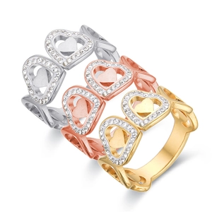 Stainless Steel Hollow Double Heart Rhinestone Ring Women Fashion All-Match Gold Silver Rose Gold Plated Finger Ring Jewelry