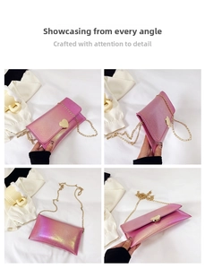 Detailed views of gradient purple glitter purse with a large golden heart clasp