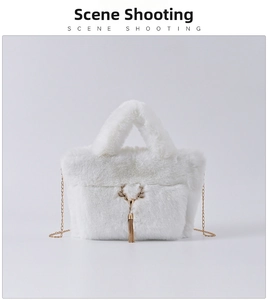 Detail showing white faux rabbit fur texture and golden deer head buckle with tassels