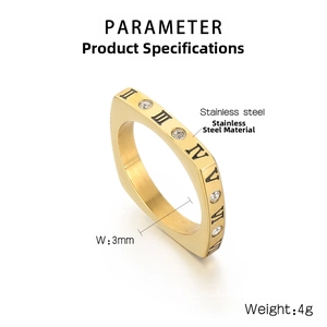 Detail view of 3mm wide gold stainless steel ring with Roman numerals and small zircon stones