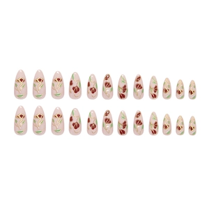 Vintage floral press-on nails with red flower art and gold gilding in almond shape