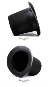 Detail view showing a 20cm high black top hat with satin band and felt texture finish
