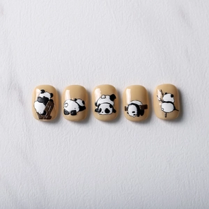 Panda themed nail art stickers with cute hand-drawn patterns on cream base, 5-piece set