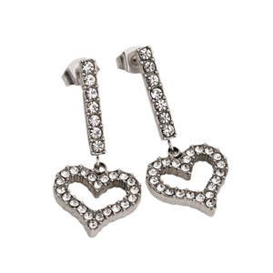 Elegant silver stainless steel hollow heart drop earrings with shimmering crystals