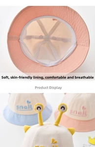 Detail of baby sun hat with snail antenna and breathable lining in soft pastel colors