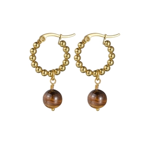Boucles d'oreilles créoles vintage plaqué or 14K avec perles et pierres œil de tigre