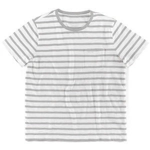 Close-up of grey and white striped cotton T-shirt with a functional chest pocket detail