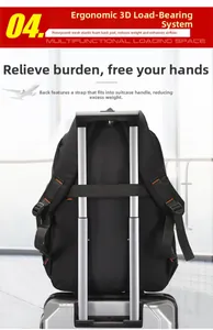 Detail of ergonomic breathable mesh back pad and luggage strap on black travel backpack