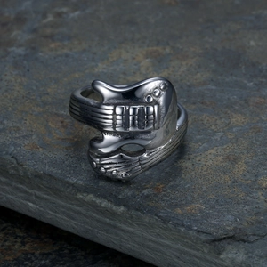 Polished silver stainless steel guitar ring for men with vintage rock style design