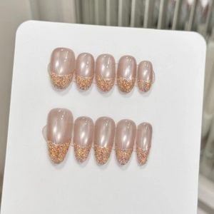 Handmade Press On Nails Champagne Gold Cat Eye Aurora French Glitter Gradient Elegant Salon Style False Nails