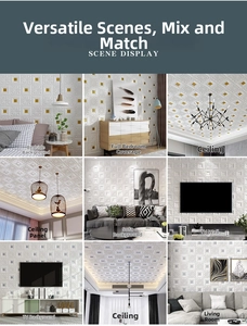 Nine scenes showing 3D white foam wall tiles applied to ceilings and living room walls