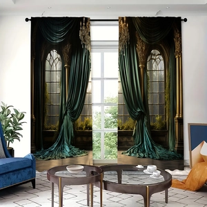 Detail of 3D digital print blackout curtain featuring classical architecture and green drapes