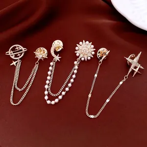 Saturn Star Chain Brooch 14K Gold Plated Copper Rhinestone Imitation Artificial Pearl Lapel Pin Elegant Vintage Jewelry For Women