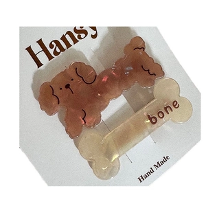 Cute brown poodle and bone hair clips set with glitter resin finish for girls