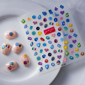 5D gems and crystals nail art stickers TS-199 with colorful jewel patterns on white tray