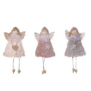 Three plush angel doll ornaments in white pink and grey for Christmas tree decoration