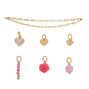 DIY jewelry set with stainless steel gold chains and assorted heart and floral pendants