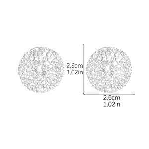 Detail view of round sparkling rhinestone earrings with 2.6cm diameter size measurement