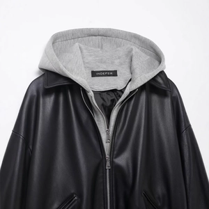 Women's black faux leather hooded jacket with grey knit contrast and metal zipper detail