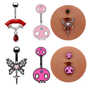 Piercing de Nombril Sexy Lèvres Crâne Rose Papillon Croix en Alliage de Zinc Strass Bijoux pour Femme Unisexe