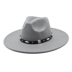 Detail of gray wool fedora featuring a black leather band with silver metal studs