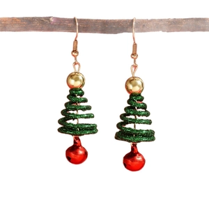 Christmas earrings featuring green glitter spiral trees with red bells and gold hooks