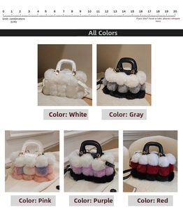 Detail of plush faux fur handbag textures and adjustable leather straps in multiple colors