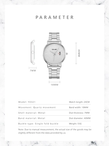 Detailed specs of the slim 7mm men's quartz watch showing a 40mm silver dial display