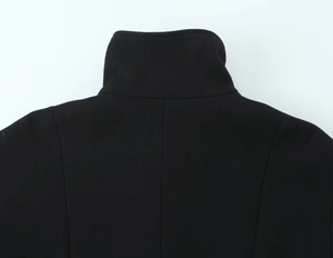 Detail shot of the stand collar and textured wool fabric on the back of a black coat