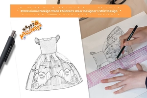 Detailed sketch of a girl Halloween dress featuring ghost patterns and pumpkin elements