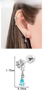 Detail view of star and drop zircon earrings showing measurements 1.72cm by 0.54cm