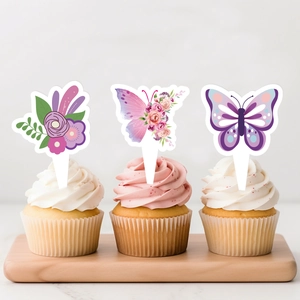 Purple floral and butterfly cake toppers set for spring tea party decorations