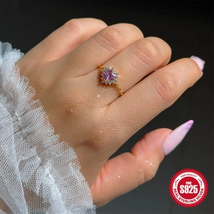 Pink heart gemstone S925 sterling silver chain ring worn on finger with elegant style