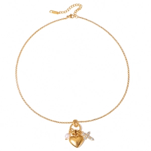 Collier en acier doré avec pendentif cœur, perle blanche et croix sertie de cristaux