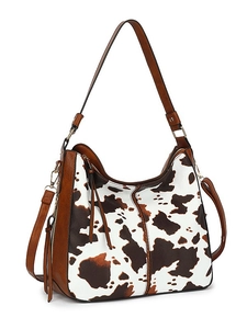 Retro tote bag with brown and white cow print, faux leather texture and shoulder strap
