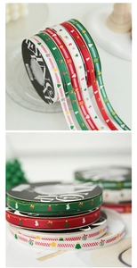 Close-up of festive Christmas ribbons with printed holiday patterns for gift wrapping
