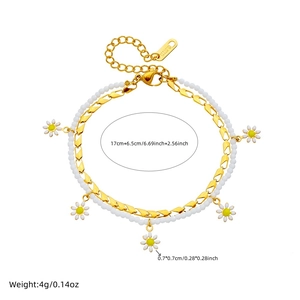 Double-layer stainless steel daisy anklet with white beads and golden chain for women