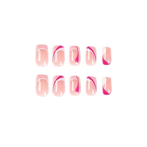 Pink and white French press on nails with elegant magenta swirl patterns on white background