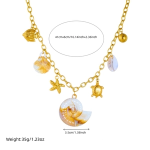 Golden ocean theme stainless steel necklace with shell starfish and turtle pendants