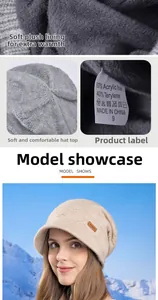 Close-up of thick plush fleece lining and fabric label on winter knit beanie hat