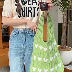 Green knit tote bag with white hearts, casual shoulder bag for women daily use