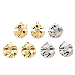 Hammered 14k gold and silver round pendants with zircon heart for jewelry making
