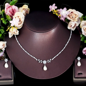 Elegant Copper Necklace And Earrings Jewelry With Water Drop Artificial Pearl Micro Pave Zircon Luxury Minimalist For Women Wedding